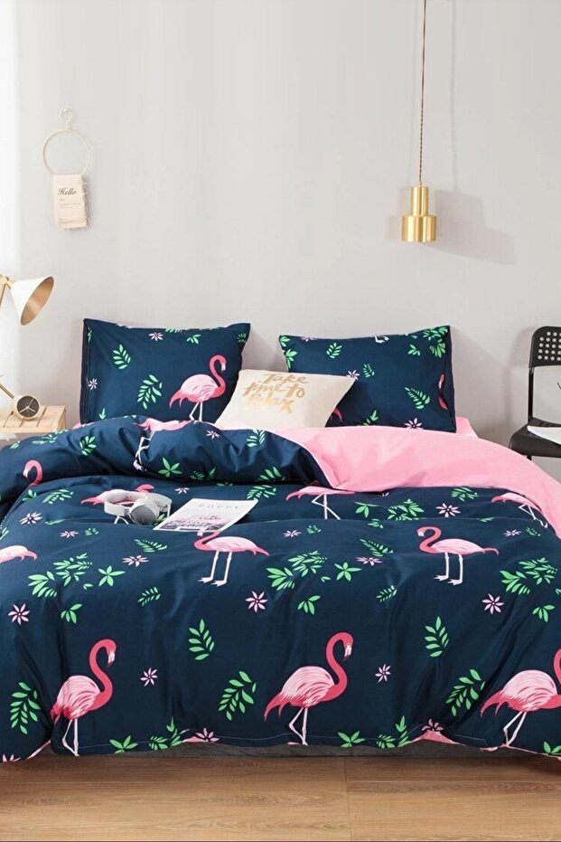 Single Double Sided Duvet Cover Set Flamingo with Elastic Sheet - 2