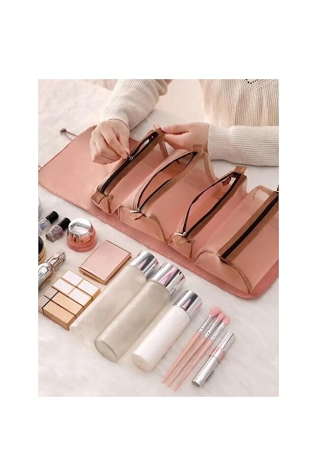 Foldable and Portable Makeup Bag, Multifunctional, Polyester, Pink - 2