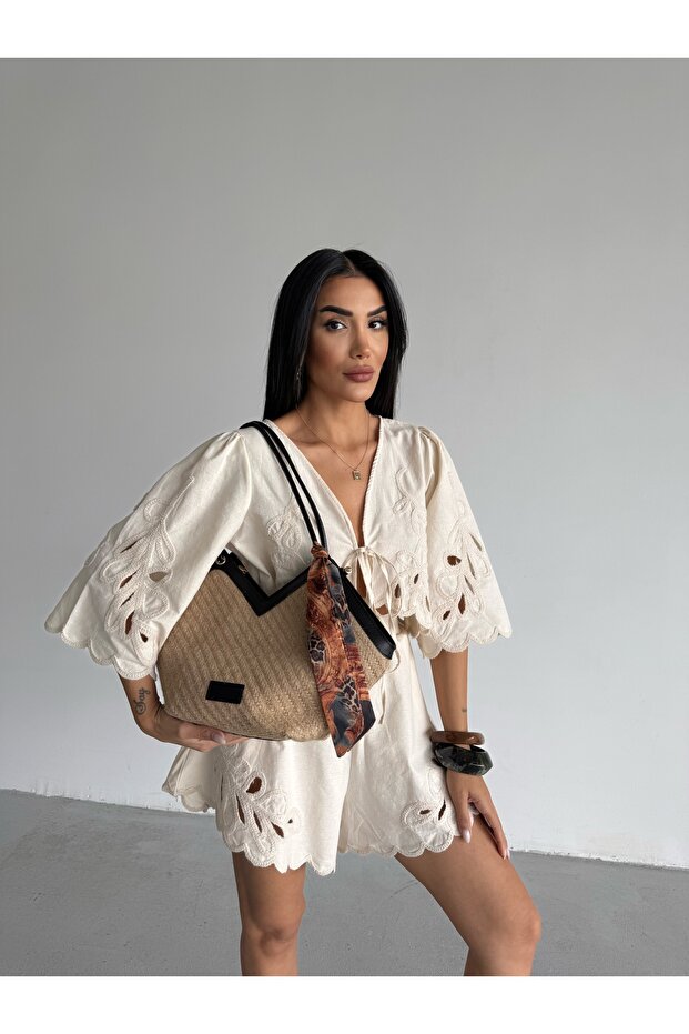 Kadın Hasır Kumaş Omuz Çantası Node - 3