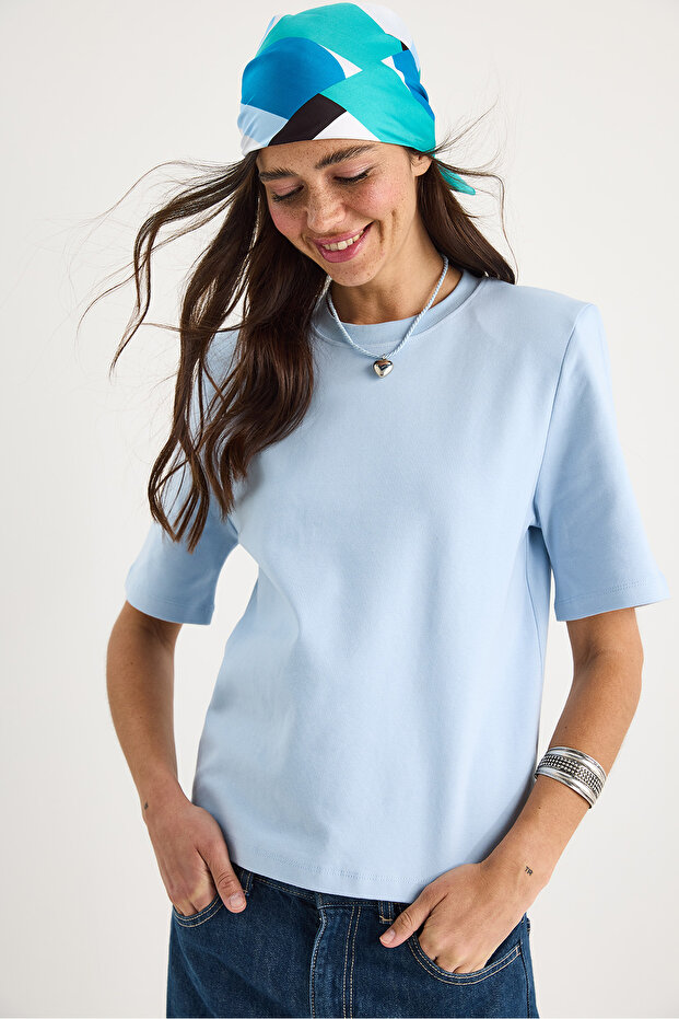 Women's Baby Blue Crew Neck Padded Cotton Basic T-Shirt 241134 60283128