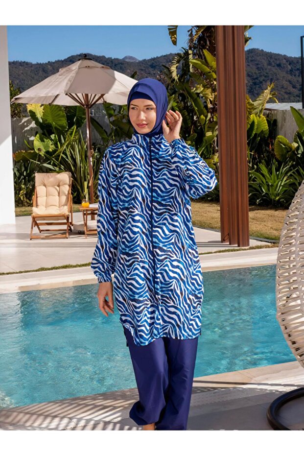 Quick Dry Parachute Fabric Patterned Hijab Swimsuit - 2540