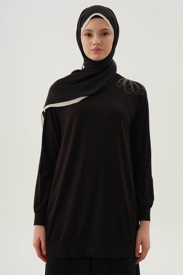 Omuzu İşlemeli Tunik - Siyah - 3