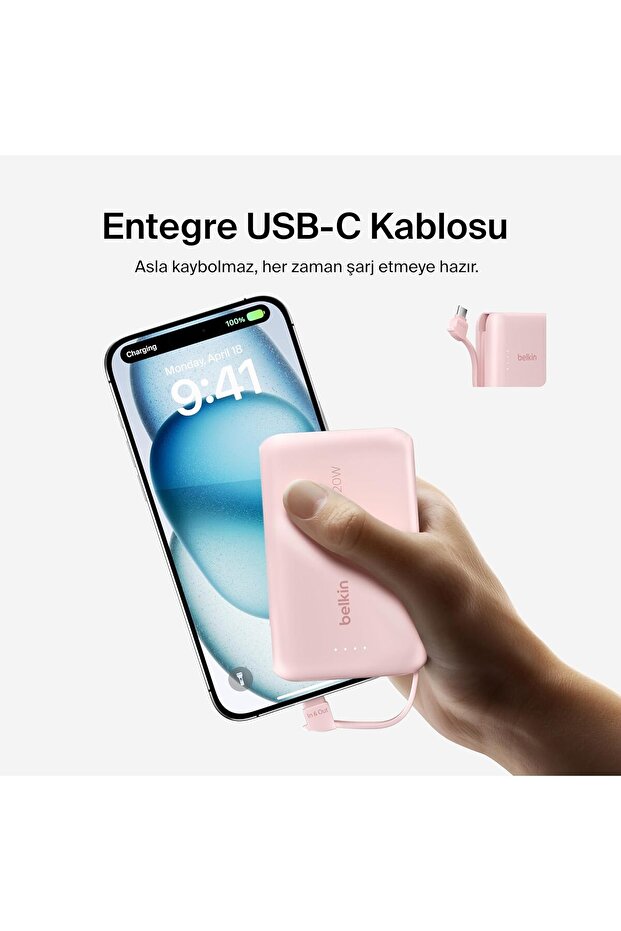 Belkin BoostCharge Powerbank, Entegre Type-C Kablolu 10K PD 20W - 4