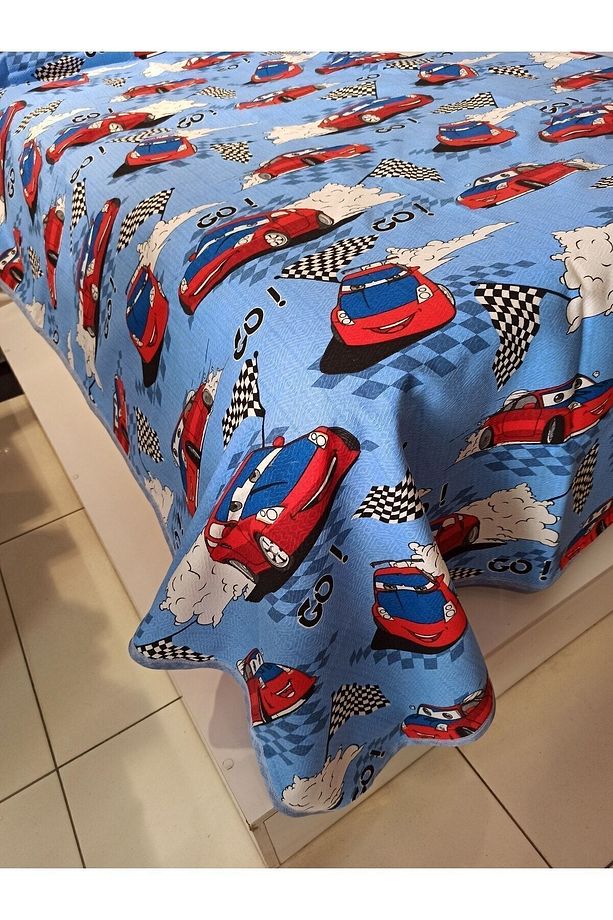 Erkek Çocuk Arabalı Go Car Desen 150x240 Cm. Tek Kişilik Tek Pike - Mavi - 1