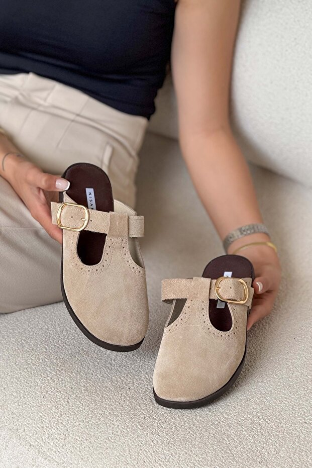 Dámské pantofle Serry Beige Genuine Suede s detailní plochou podrážkou - 1