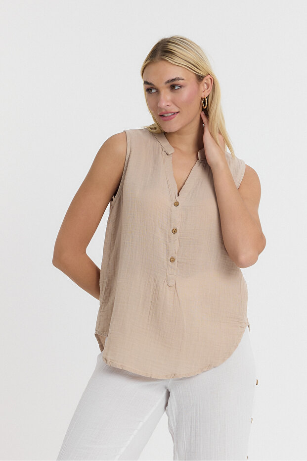 Muslin Blouse - Muslin High Collar Half Placket Sleeveless Blouse - 1070