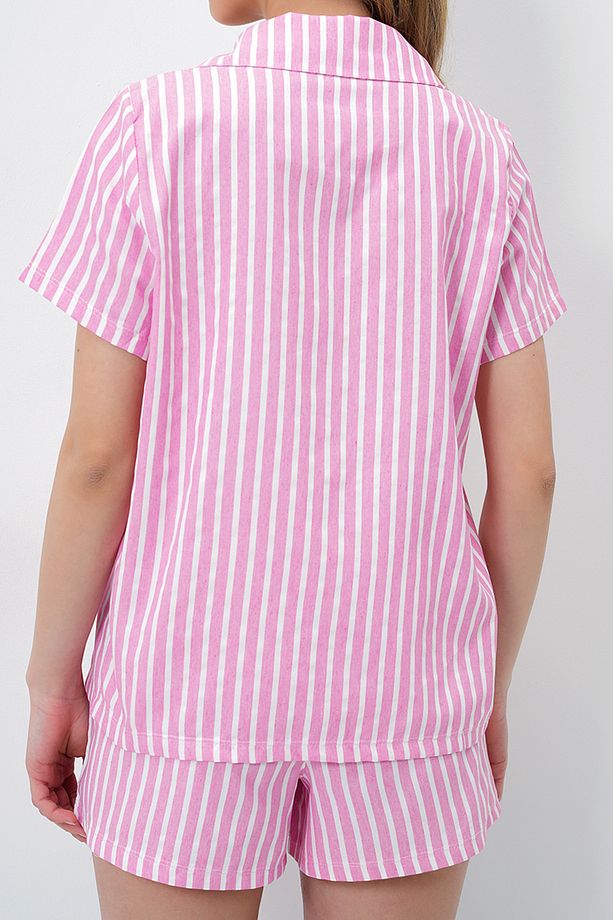 Kadın Pembe Yazlık Pamuk Örme Gömlek Ve Şort Pijama Takım Prmx14085 - 5