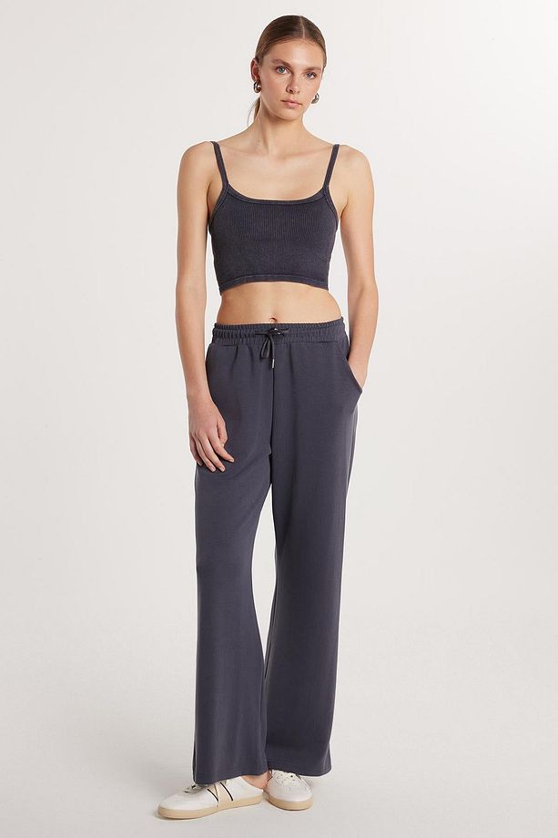 Kadın Modal Kumaş Regular Fit Normal Bel Çift Cep Beli Bağcıklı Antrasit Eşofman Altı - 4