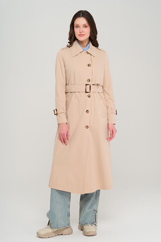 Unlined Trench Coat with Zipper and Epaulettes Beige 6697