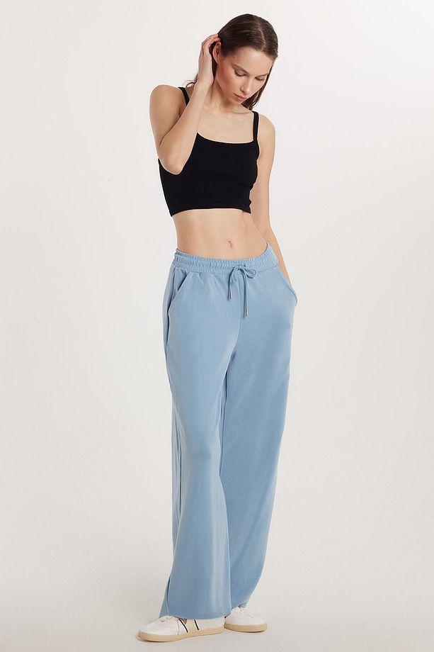 Kadın Modal Kumaş Regular Fit Normal Bel Çift Cep Beli Bağcıklı Mavi Eşofman Altı - 2