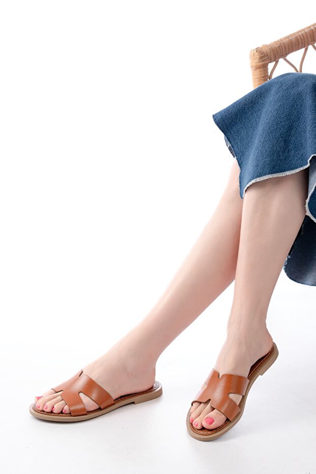 169-6100 Tan Orthopedic Genuine Leather Women's Slippers