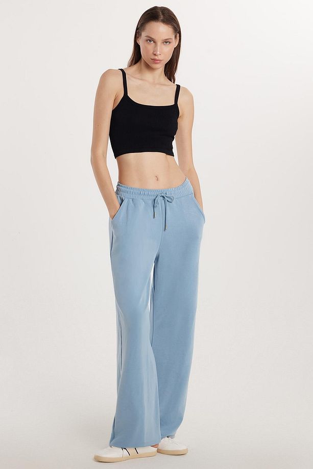 Kadın Modal Kumaş Regular Fit Normal Bel Çift Cep Beli Bağcıklı Mavi Eşofman Altı - 4