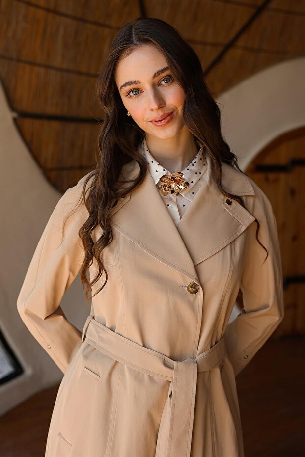 معطف واق من المطر بطبعة جلد الفهد - نصف مبطن بيج 6713 - 6