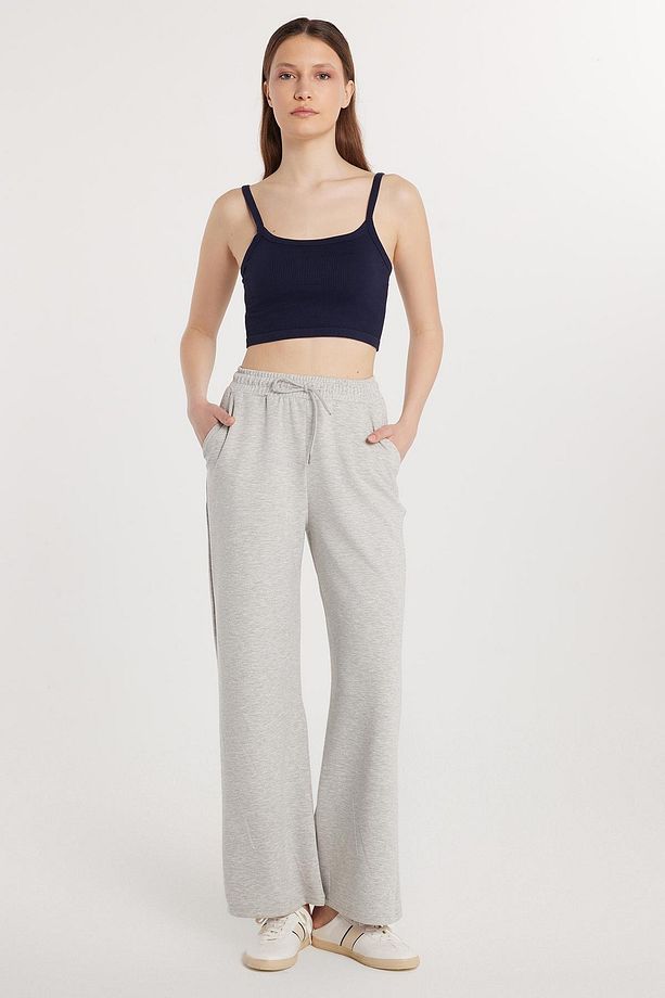 Kadın Modal Kumaş Regular Fit Normal Bel Çift Cep Beli Bağcıklı Gri Eşofman Altı - 2