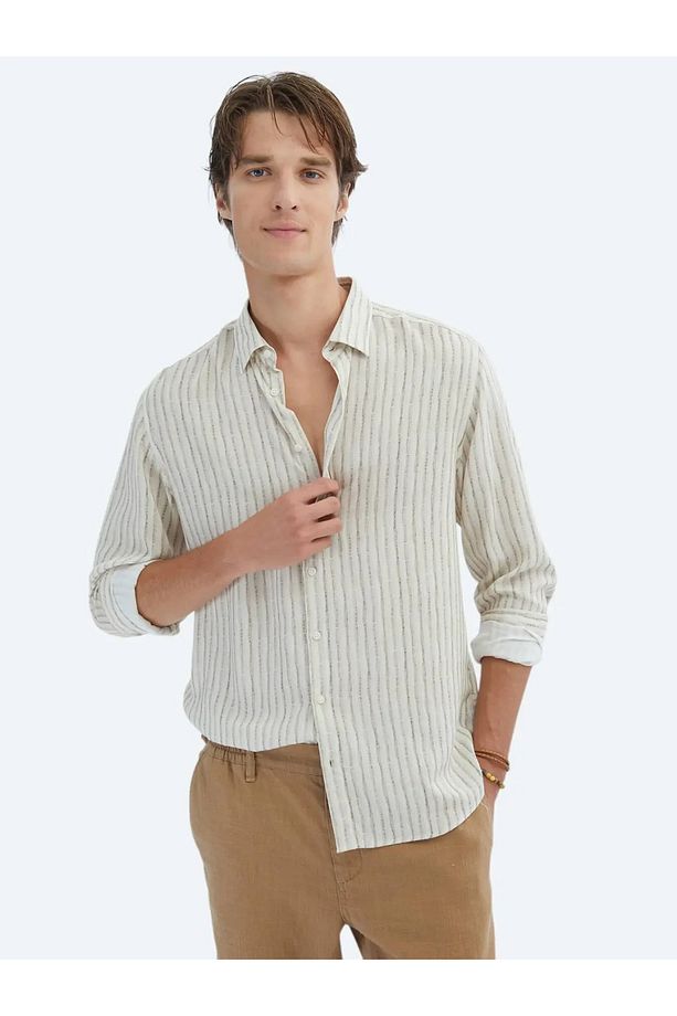 Bej Baskılı Regular Fit Dokuma Casual Gömlek - 4