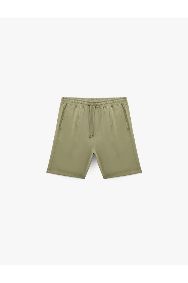 Viskon Cep Detaylı Rayon Beli Bağcıklı Bermuda Chino Yazlık Şort - 3