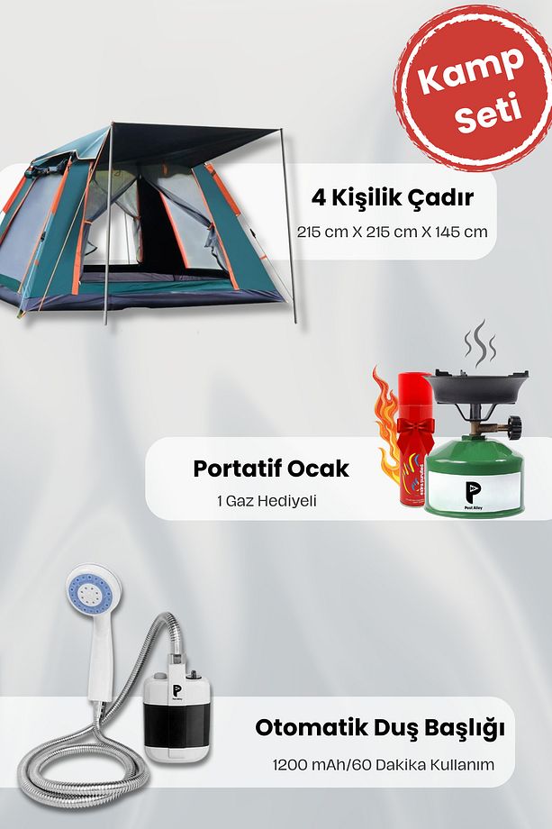 4 Kişilik Tenteli Çadır Seti + Otomatik Şarjlı Duş Başlığı + Kamp Ocağı - 1