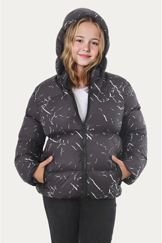 Girls black detachable Hooded water and windproof winter puffer jacket with pocket coat & coat & parka