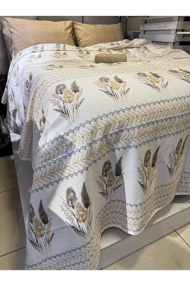 Ekin Desenli Çarşafı Lastikli Tek Kişilik Pike Takımı - Kahve - 1