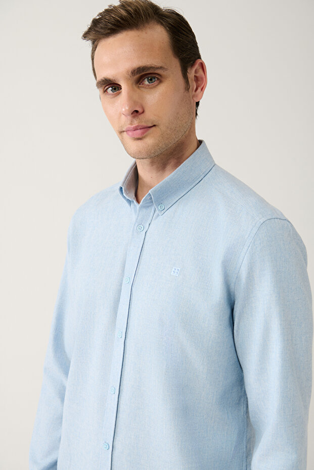 Erkek Açık Mavi Basic Düğmeli Yaka Pamuklu Gömlek E002003 - 2