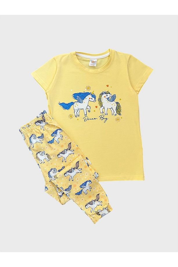 Kız Çocuk %100 Pamuklu Sarı Unıcorn Desenli Kısa Kollu Altı Uzun Pijama Takımı - 1