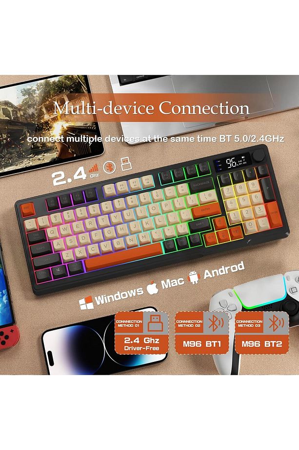 Gaming Oyuncu Klavye RGB Kablosuz 2.4ghz -Bluetooth Çift Bağlantılı Tft Led Ekranlı Oyuncu Klavye - 6