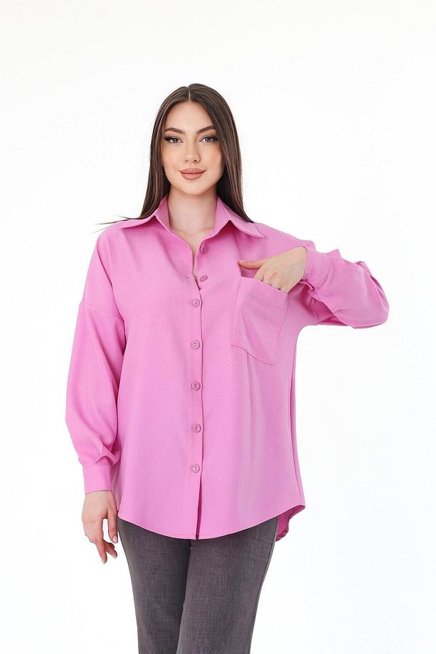 Tek Cepli Oversize Keten Gömlek- Pembe - 2