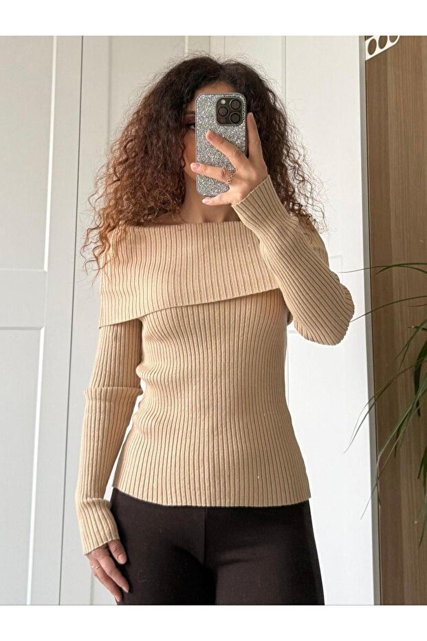 Bardot Yaka Pullu Fitilli Triko Kazak -Bej - 1