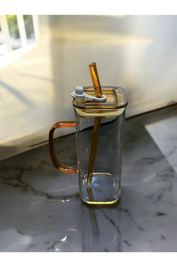 Sızdırmaz Kapaklı Isıya Dayanıklı Cam Pipetli Kare Kupa 400 mL - 2