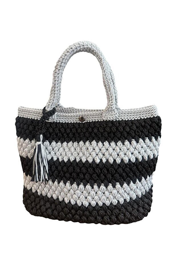 Polyester Makrome İp El Örgüsü Elde Tutma Detaylı Çanta - 4