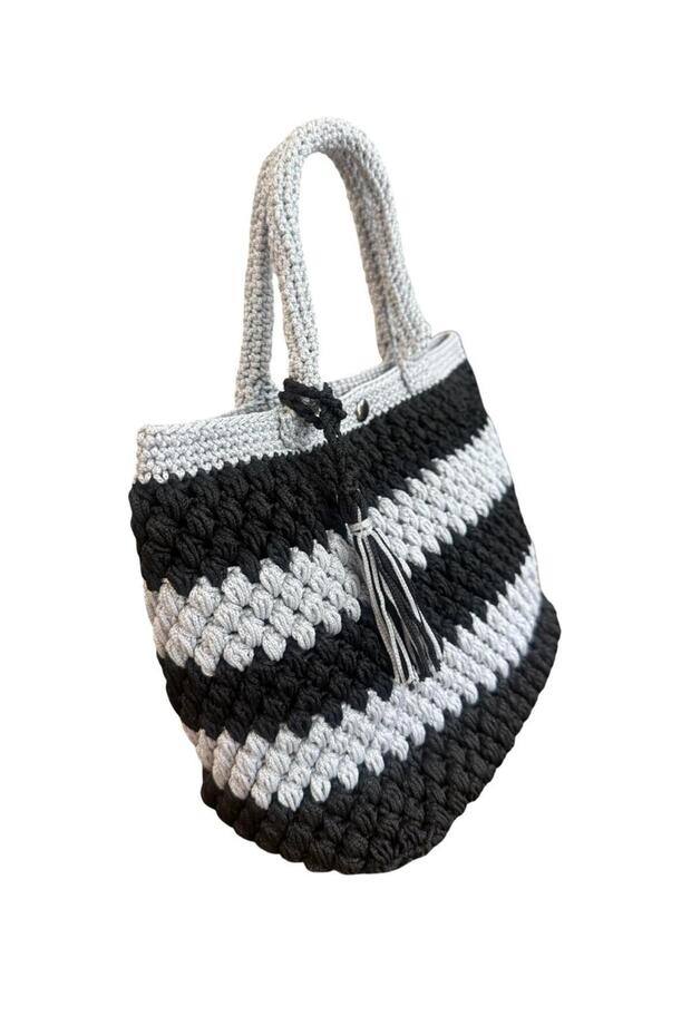 Polyester Makrome İp El Örgüsü Elde Tutma Detaylı Çanta - 5