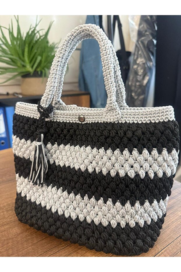Polyester Makrome İp El Örgüsü Elde Tutma Detaylı Çanta - 1