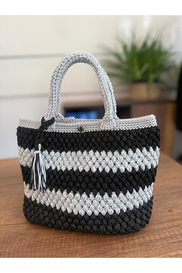 Polyester Makrome İp El Örgüsü Elde Tutma Detaylı Çanta - 3