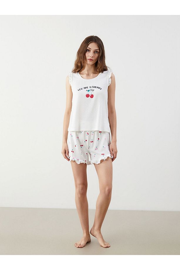 LCW Young Bisiklet Yaka Baskılı Kadın Şortlu Pijama Takımı - 1