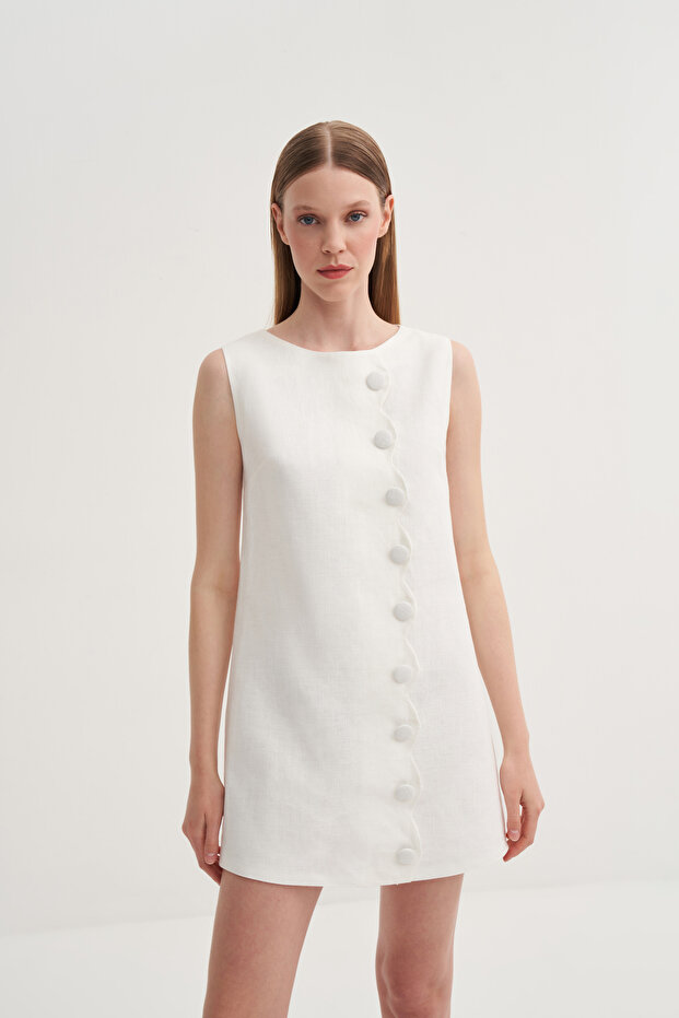 Asimetrik Düğmeli Elbise - 2