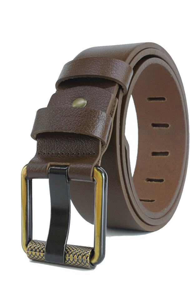 Men's 100% Genuine Leather Yellow Tubular 4.5 cm Jeans Belt Light Brown
