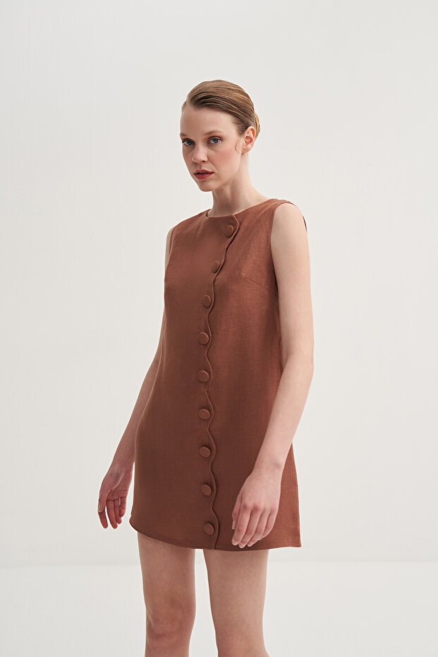 Asimetrik Düğmeli Elbise - 3