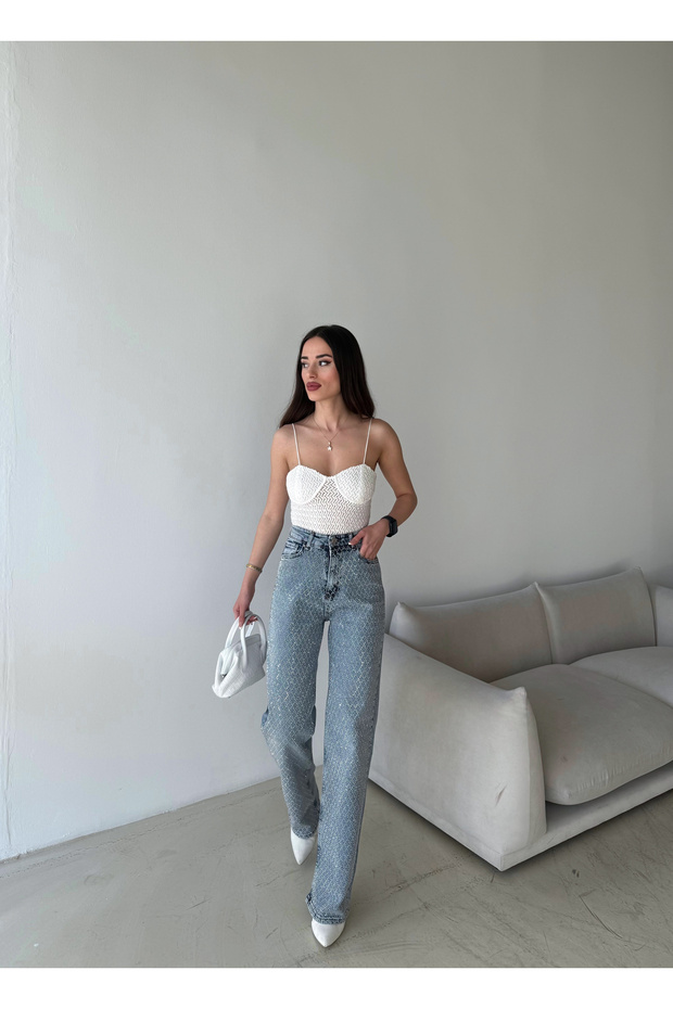 WOMEN'S STONE EMBELLISHED SHINY JEANS DENIM JEANS