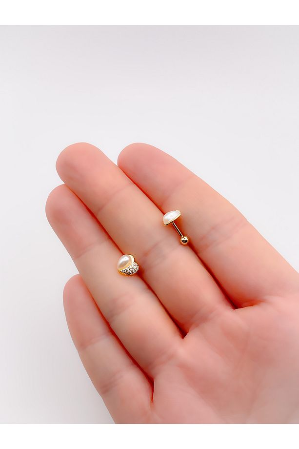 Cerrrahi Çelik Piercing ( Pirsing ) İncili Kalp Tragus Helix Piercing (1adet) - 2