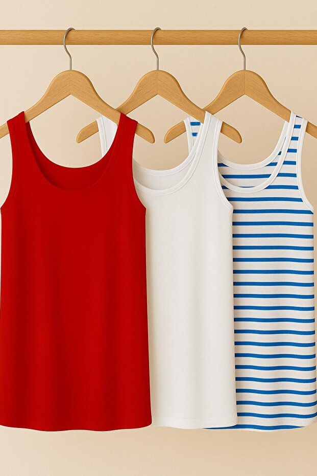 3 قطع تي شيرت بدون أكمام بقصة مريحة وحزام سميك أساسي - 1