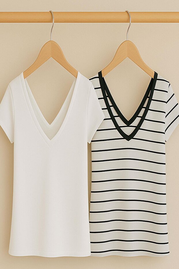 2 Adet Ön ve Arka V Yaka Basic Pamuklu Tişört - 1