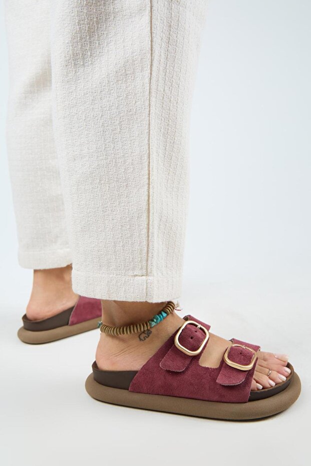 Lavanda Women's Genuine Leather Double Buckle Cherry Slippers