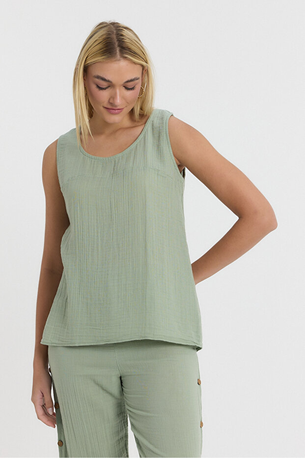 Women's Strappy Blouse - Muslin Sıfırkol Back Buttoned Blouse - 1110