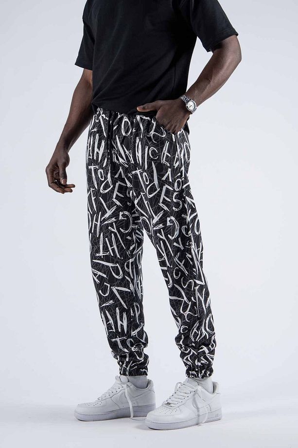 Erkek Baskılı Günlük Esnek Siyah Jogger Pantolon - 1
