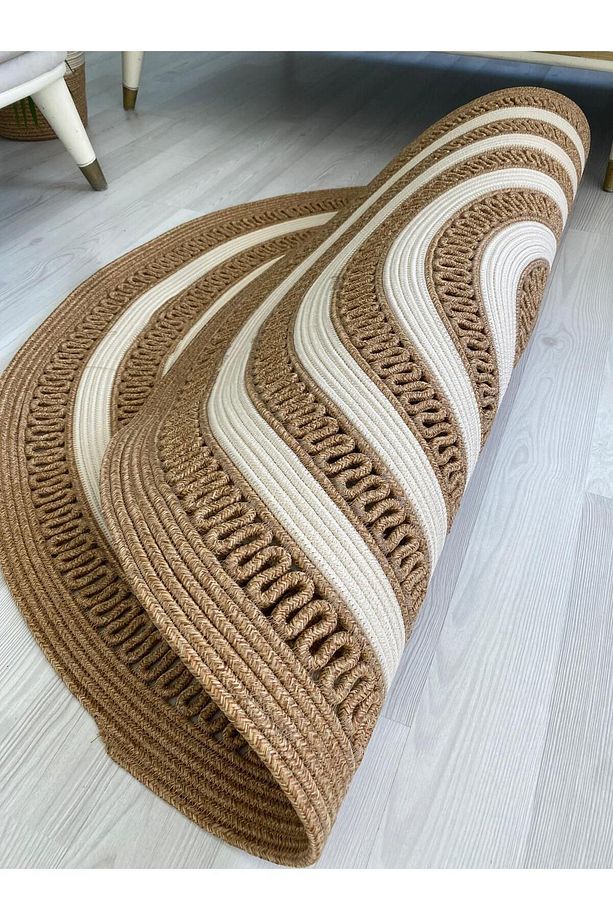 Mola Serisi jüt,Hasır görünümlü,Desenli Moderin El Örgüsü,Halı,Kilim hasır,krem rengi - 3