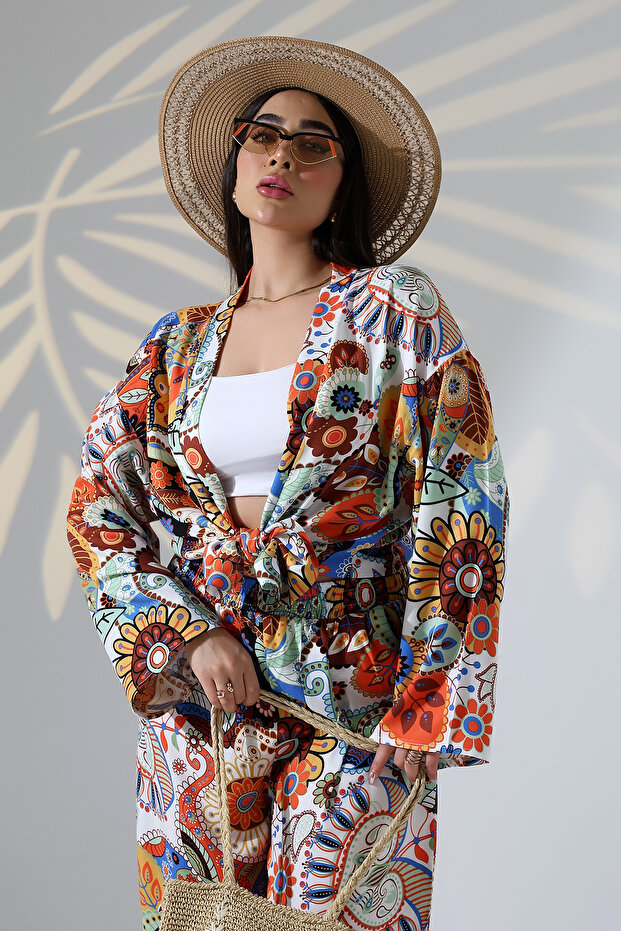 طقم كيمونو منقوش بطول ماكسي من الأعلى إلى الأسفل - 5