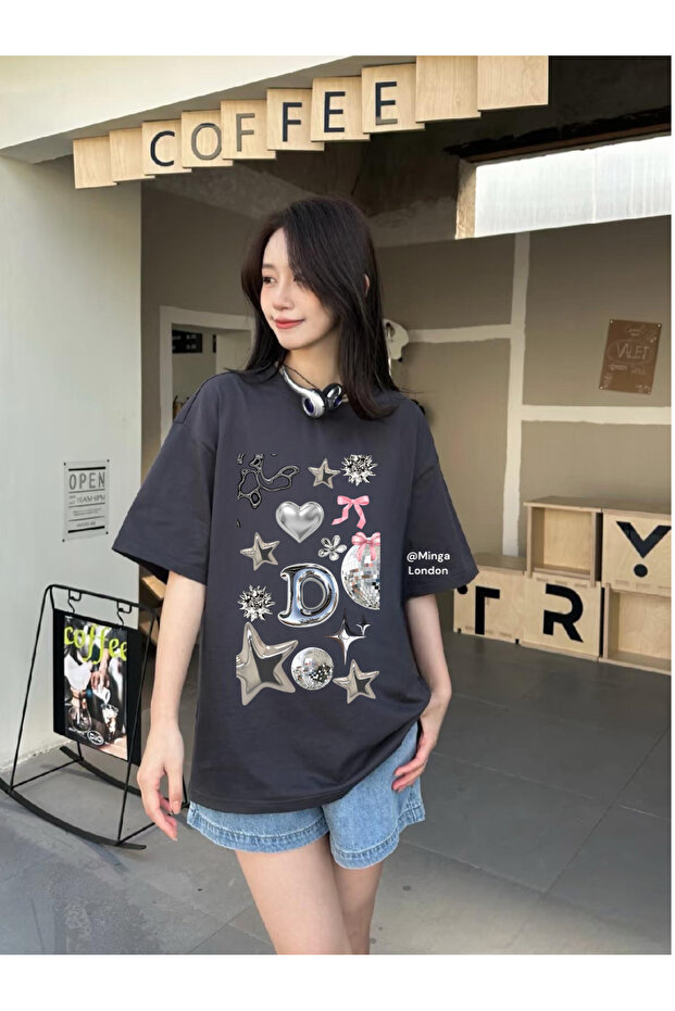 Smoked Disco Effect D Letter Front Printed Oversize Unisex Tshirt -Ghostella