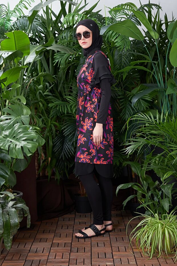 Çiçek Baskılı Tesettür Mayo Sw36.245 - Siyah - 1