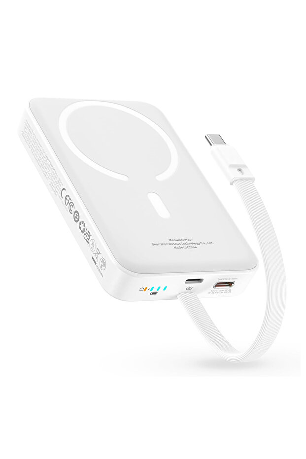 Baseus 10000mAh Magnetic Mini Wireless Fast Charge Power Bank 30W With Built-In Type-C Cable - White