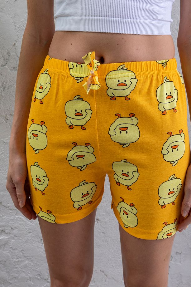 Kadın Beli Lastikli Desenli Şort Pijama Altı Sarı - 2027 - 5